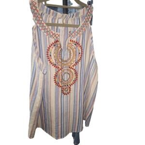 L Love Sz M 100% Cotton Striped Embroidered Neckline Sleeveless A Line Tank EUC